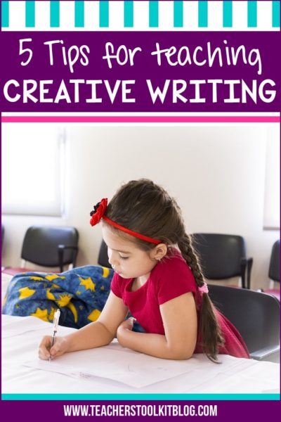 Image of an elementary student sitting staring at a blank page, trying to write, with text "5 tips for teaching creative writing"