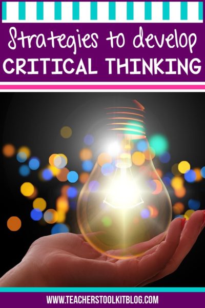 Image of a lightbulb with text "Strategies to Develop Critical Thinking"