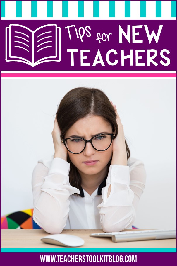 Image of worried teacher with text "Tips for New Teachers"