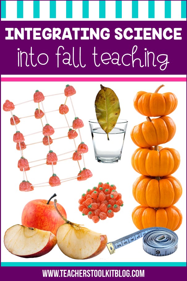 Image of apples and candy pumpkins in a stem experiment with text "Integrating Science into Fall Teaching"