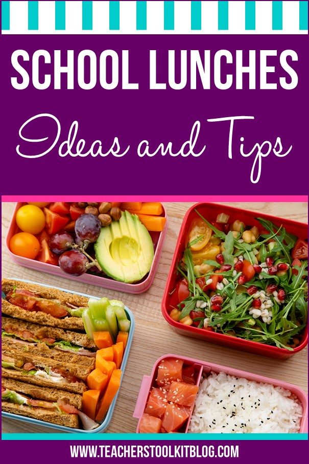 Image of packed lunches with text "School Lunches Ideas and Tips"