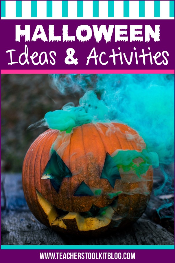 Image of an erupting pumpkin volcano with text "Halloween Ideas and Activities"
