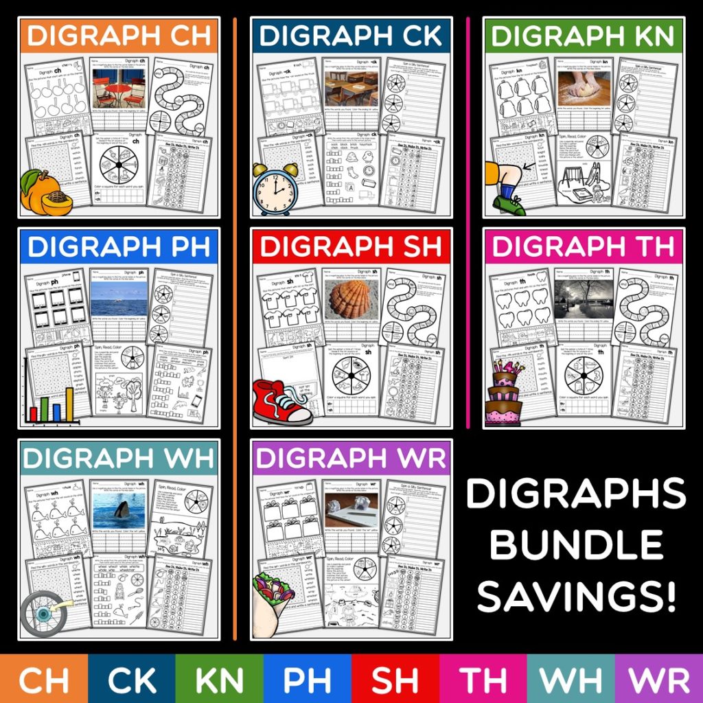 Image of digraph teaching resources with text "Digraphs Bundle Savings"