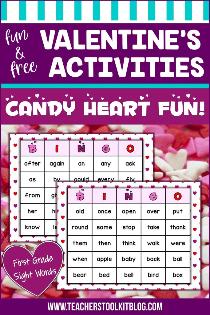 Valentine's Day Candy Heart Bingo with text "fun and free Valentine's Activities"