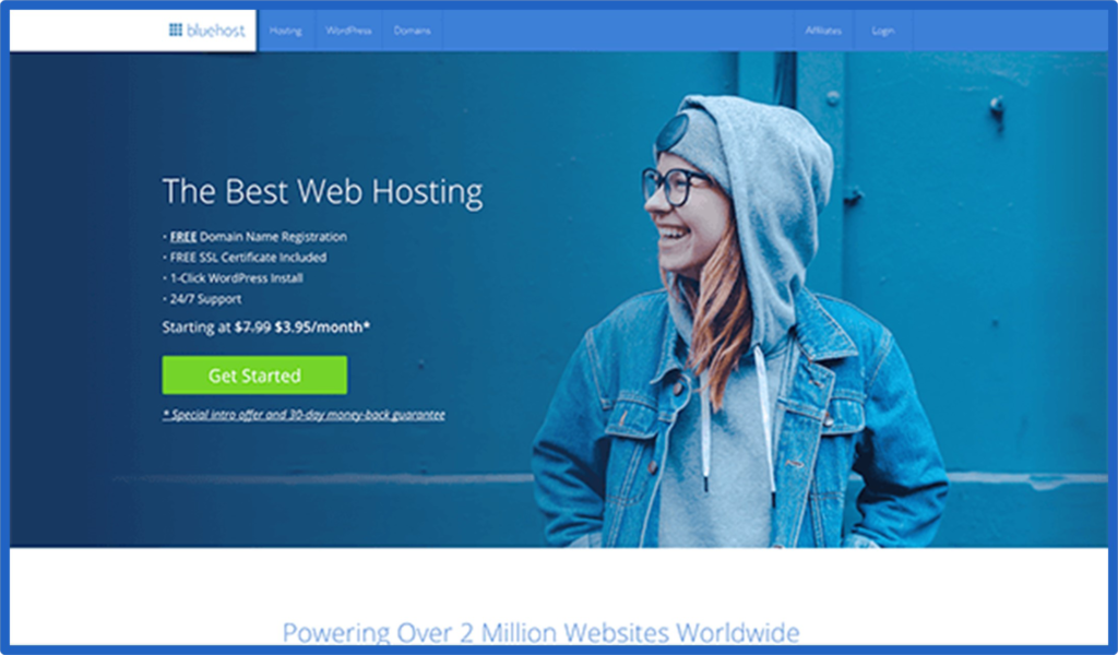 Image of a person with text "The Best Web Hosting, How To Start A Blog Easily (with Bluehost)" 