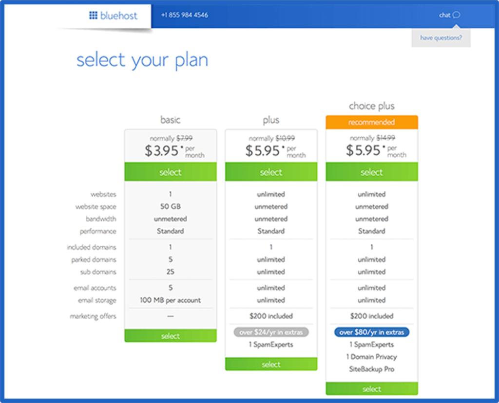 Image of hosting prices for Bluehost with text "Select your plan, How To Start A Blog Easily (with Bluehost)"
