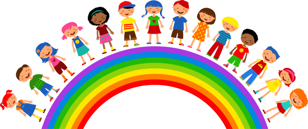 Rainbow symbol of optimism with diverse kids.