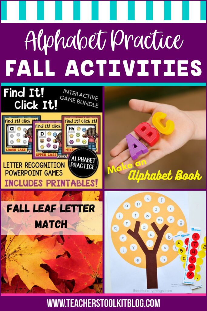 Image of 4 alphabet practice activities for fall, with text "Alphabet Practice Fall Activities"