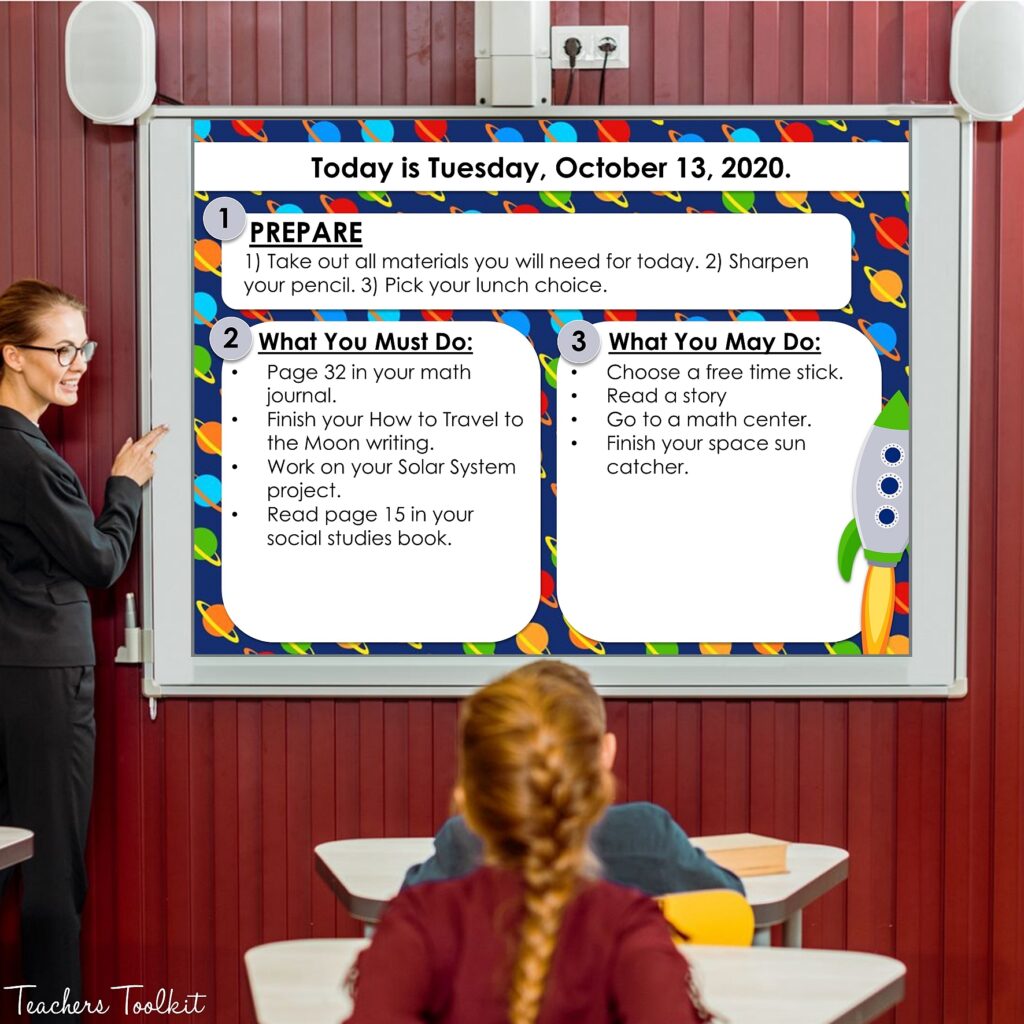 Image of an interactive whiteboard in a classroom, displaying an editable teacher template with instructions for morning arrival.