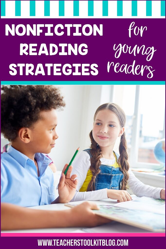 Image of students reading and working together with text "Nonfiction Reading Strategies for Young Readers"