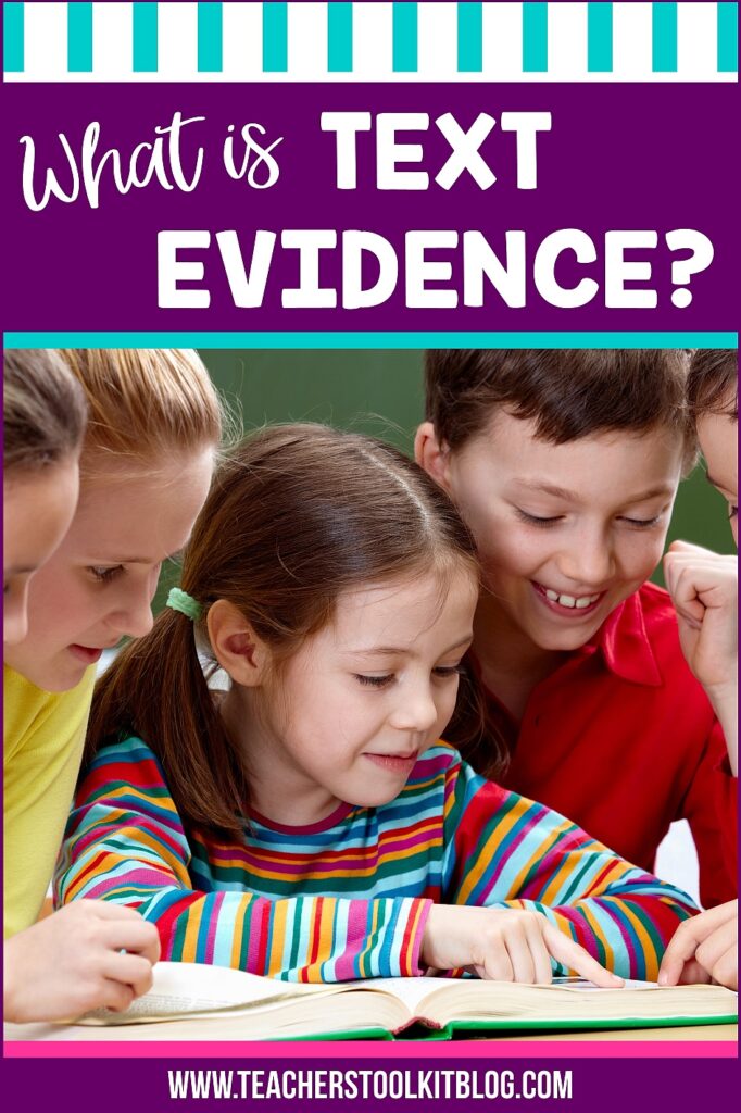 Children reading a book together with text " What is text evidence"