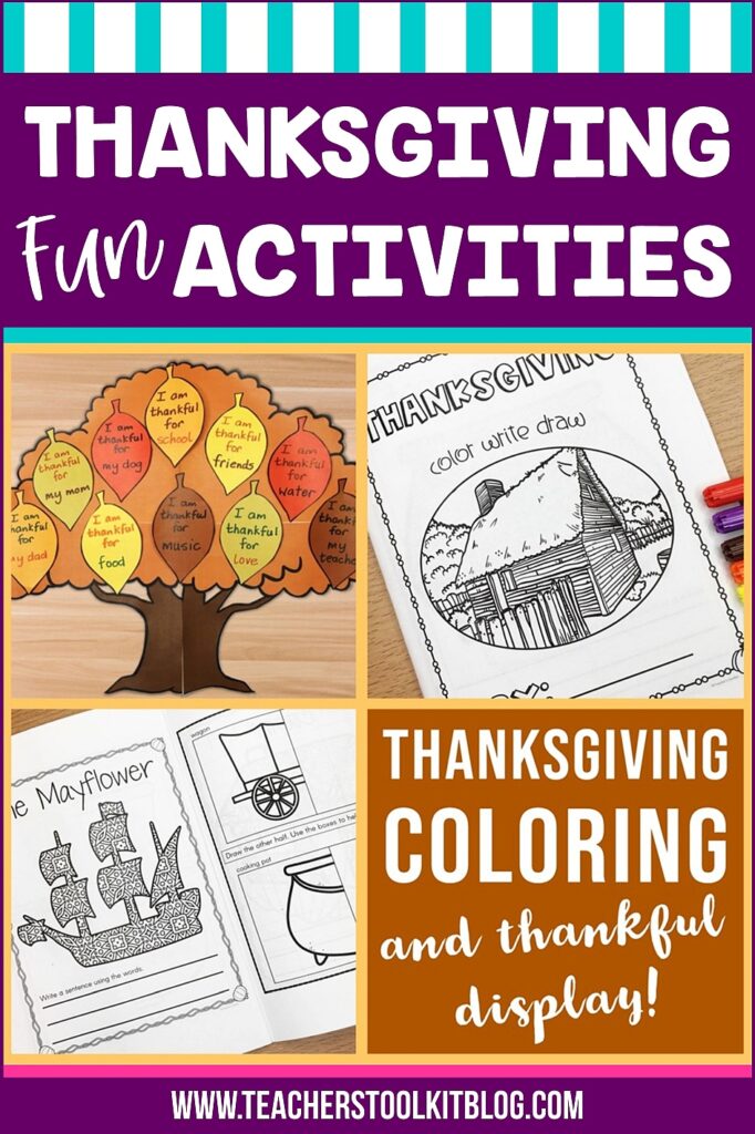 Image of Thanksgiving Coloring Book and Thankful Display with text "Thanksgiving Fun Activities"