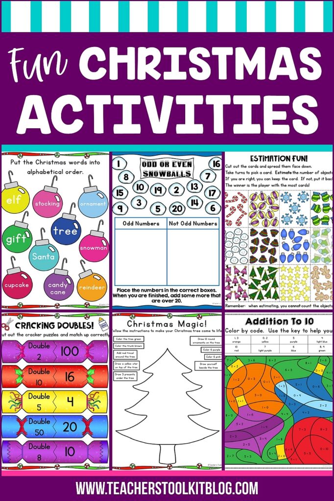 Christmas Math and Literacy worksheets with text "Fun and Engaging Christmas Activities"