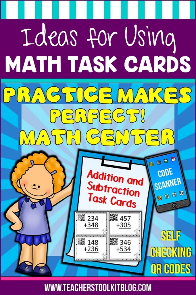 Image of a Math Center Addition and Subtraction Practice task cards with text "Ideas for Using Math Task Cards"