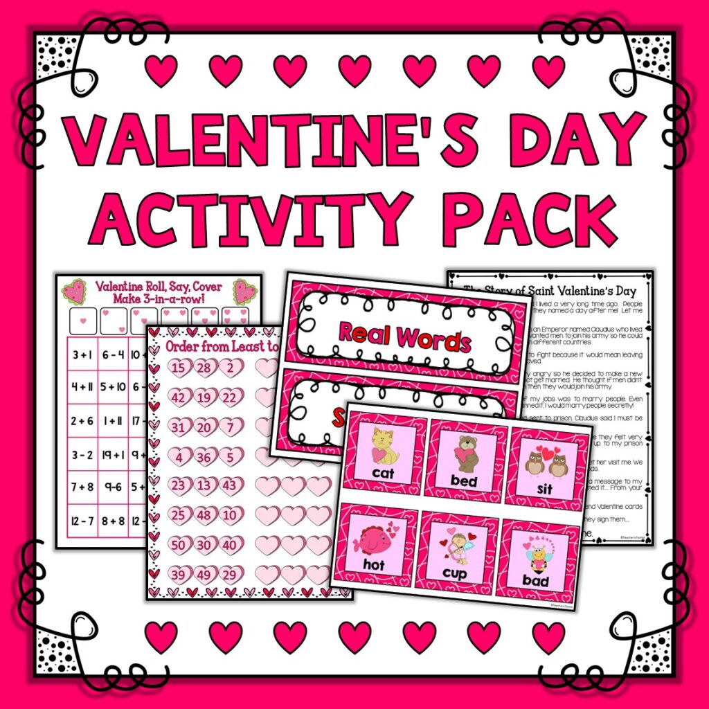 Image of fun Valentine's Day Activities for first grade Math and Literacy with text "Valentine's Day Activity Pack"