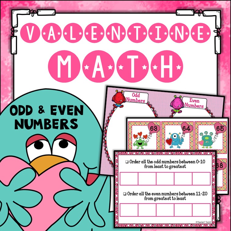 Image on fun Valentine's monsters with text "Valentine Math"