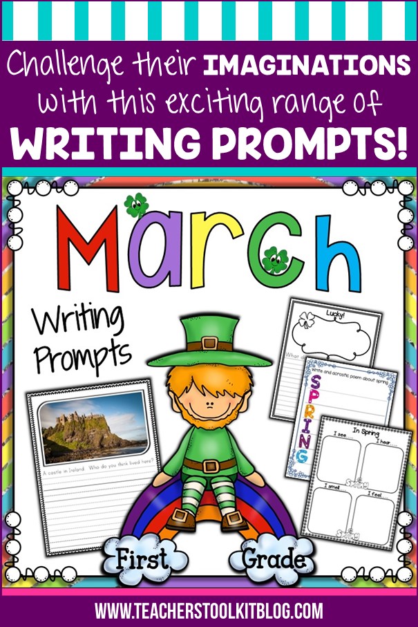 Image of a leprechaun with text "Challenge their imaginations with this exciting range of March Writing Prompts"