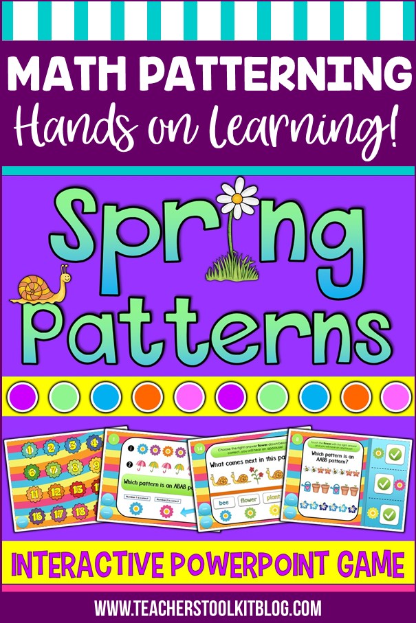 Image of spring symbols with text "Math Patterning; Hands on Learning with Spring Patterns; Interactive game"