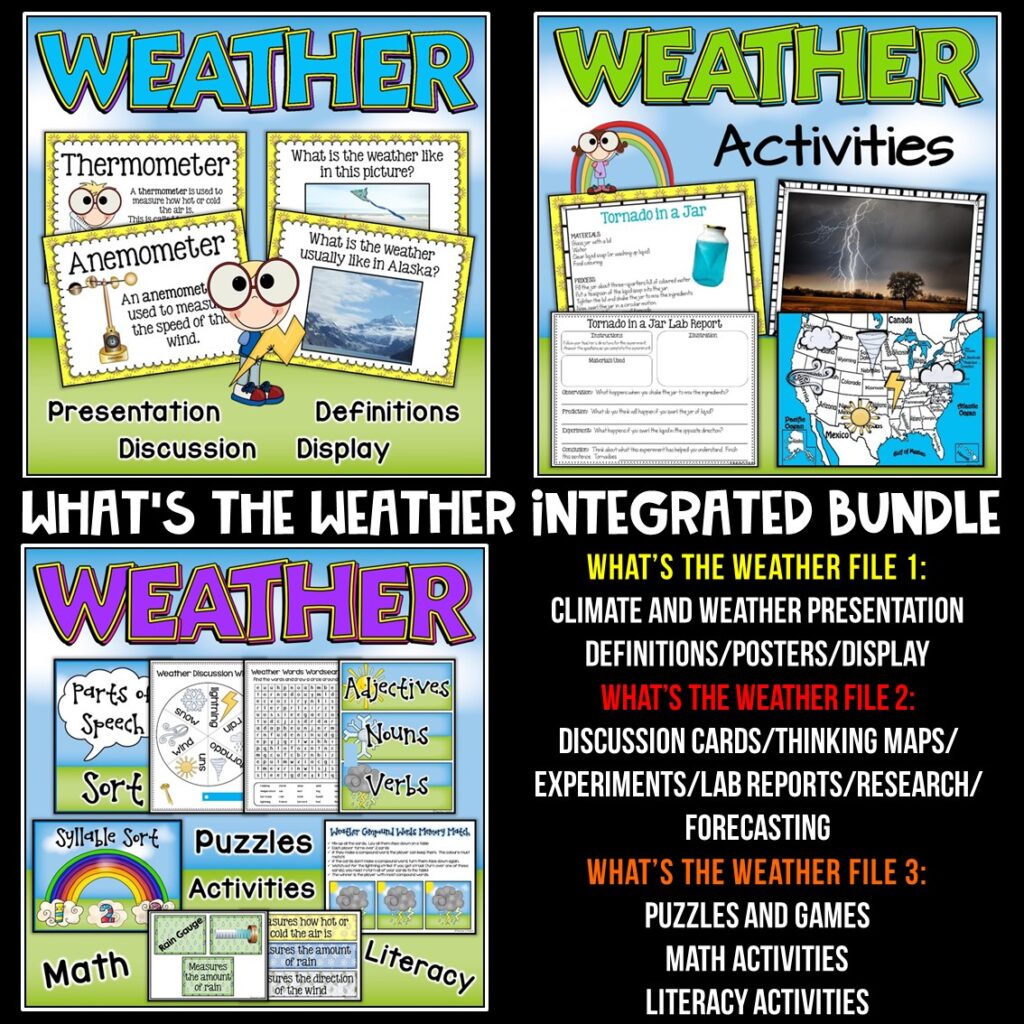 Images of weather activities in Science , Math and Literacy with text "What's the Weather Integrated Bundle"