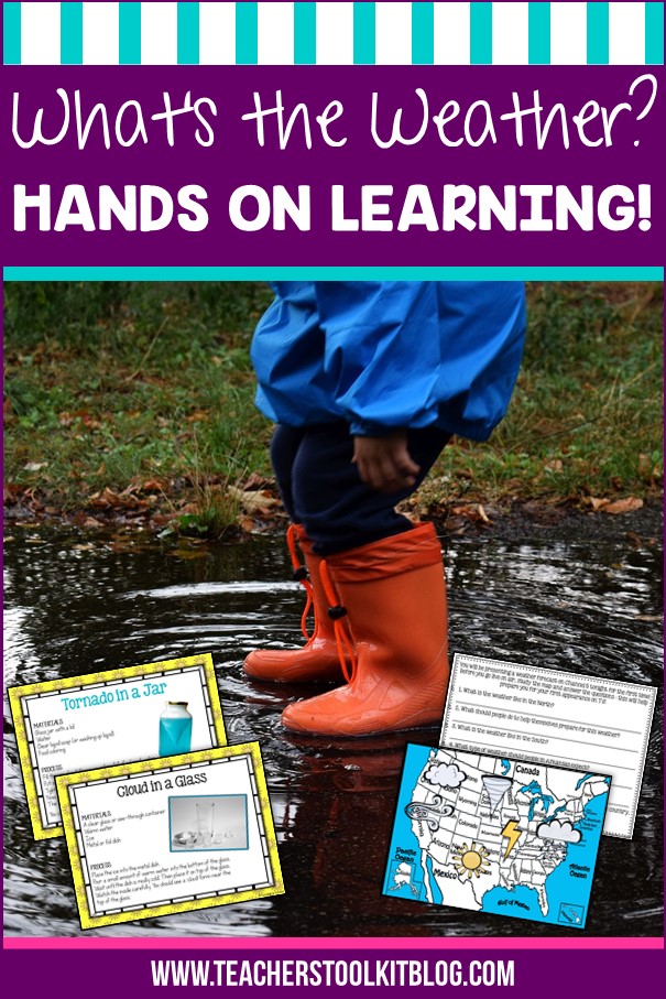 Image of child playing in a rain puddle with text "What's the Weather? Hands on Learning"