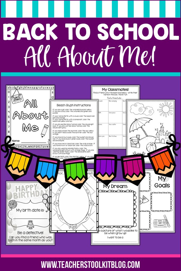 Image of back to school worksheets with text "Back to School; All About Me!"