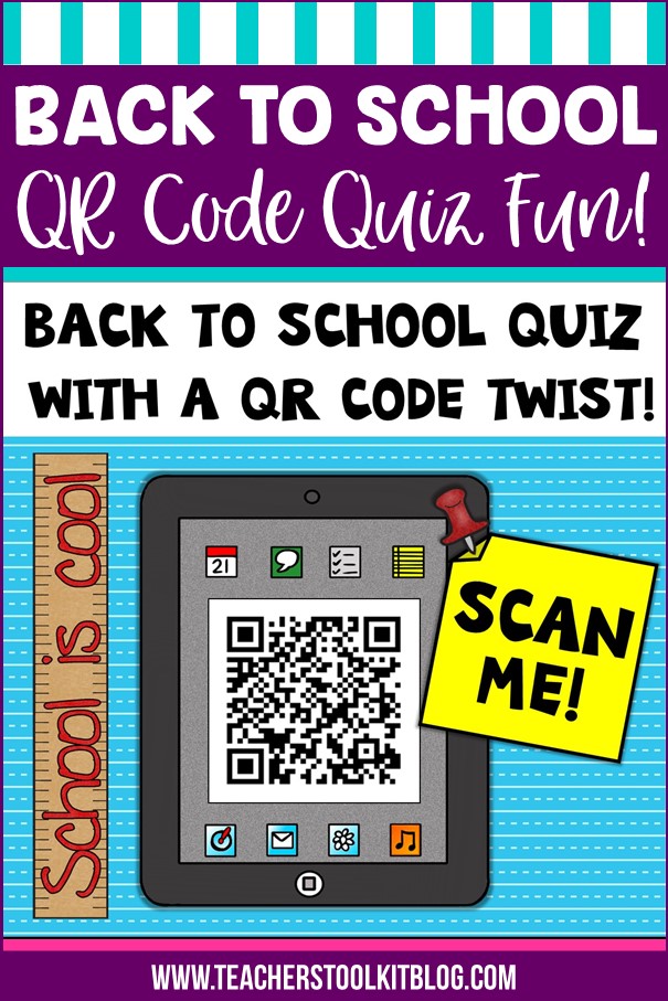 Image of a tablet and a QR Code with text "Back to School QR Code Quiz Fun"