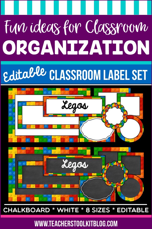 Image of Lego themed labels for classroom organization with text "Editable Classroom Label Set"