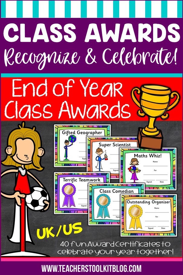 Image of end of year award certificates with text "Class Awards; recognize and celebrate"