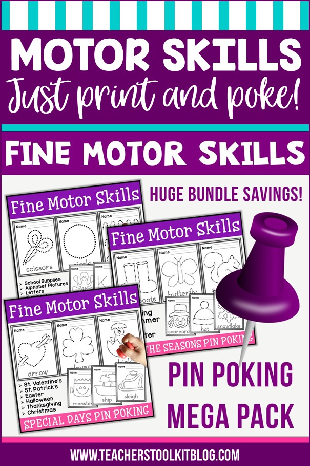 Image of pin and special days, seasonal and back to school pin poking worksheets with text "Motor Skills; just print and poke!"