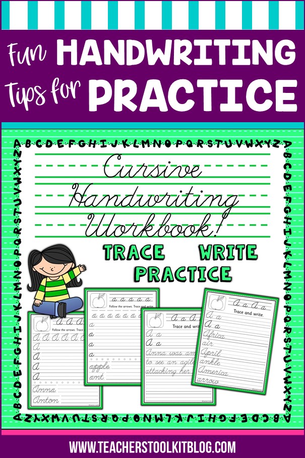 Image of student pointing to handwriting practice sheets with text "Cursive Handwriting Workbook; Trace, Write, Practice"
