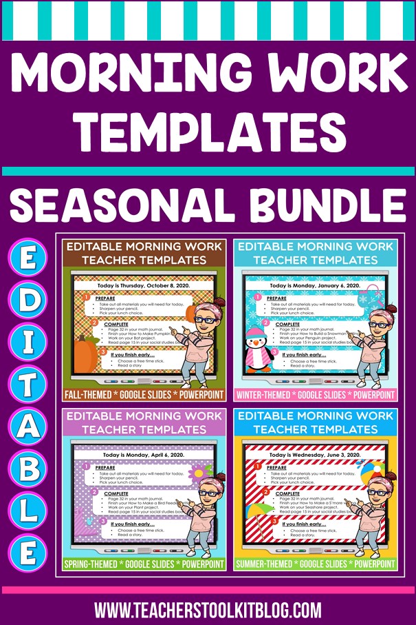 Image of seasonal morning work templates for PowerPoint and Google Slides with text "Morning Work Templates"