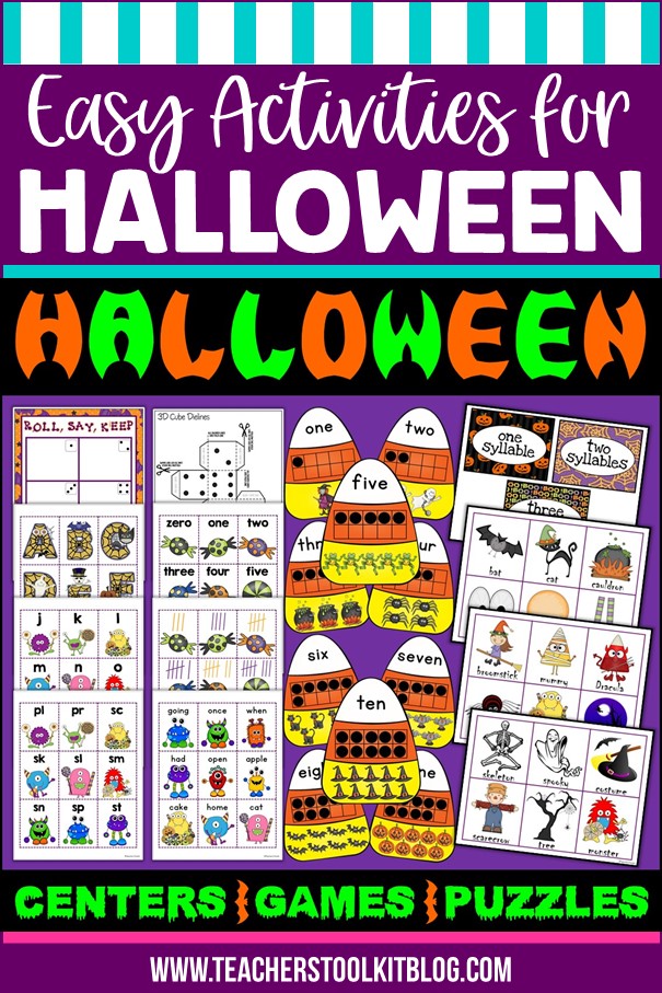 Image of Halloween signs and symbols with text "Easy Activities for Halloween; Centers, Games and Puzzles"