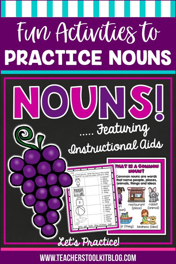 Image of noun posters and worksheets with text "Let's Practice Nouns, with instructional aids for teachers"