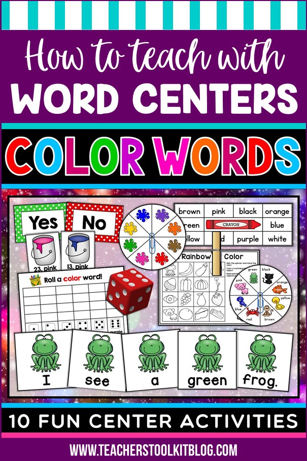 Image of classroom center games to learn about color words with text "How to teach with Word Centers"