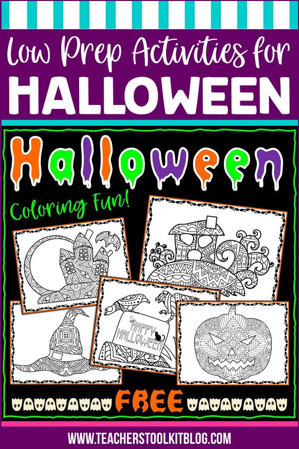 Images of patterned coloring pages with text "Low Prep Activities for Halloween"