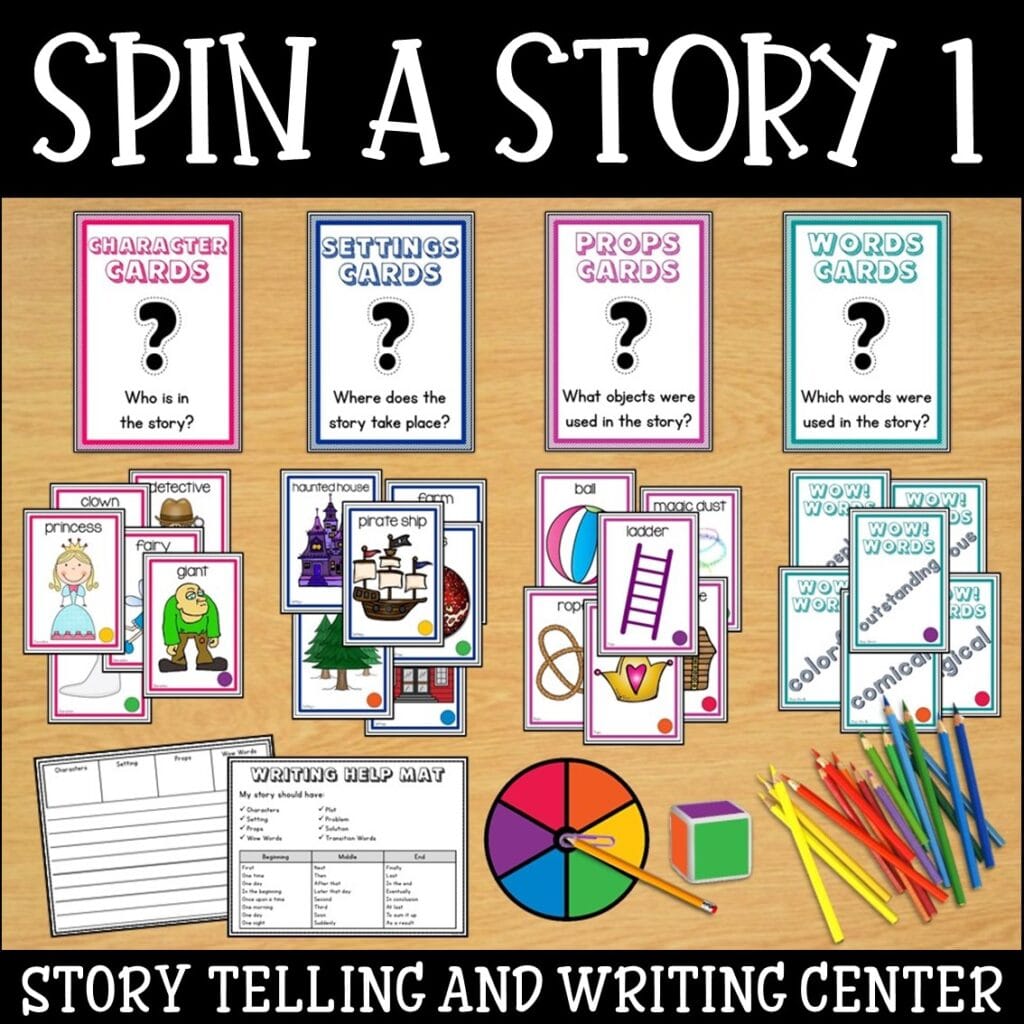 Image of props for story telling with text "Spin a Story"
