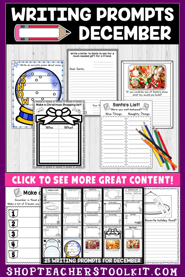 Image of December Writing Prompts worksheets with text "Writing Prompts for December"