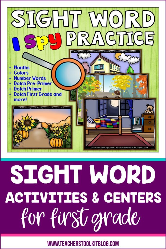Image of sight word centers with text "I Spy Sight Word Practice"