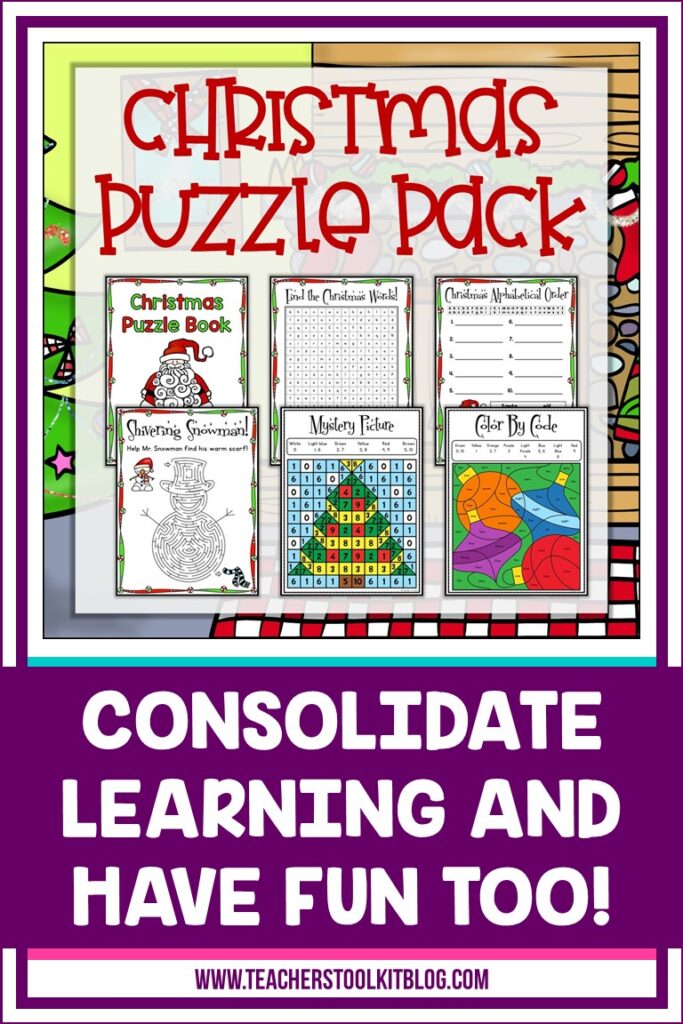 Image of Christmas worksheets with fun activities and text "Christmas Puzzle Pack"