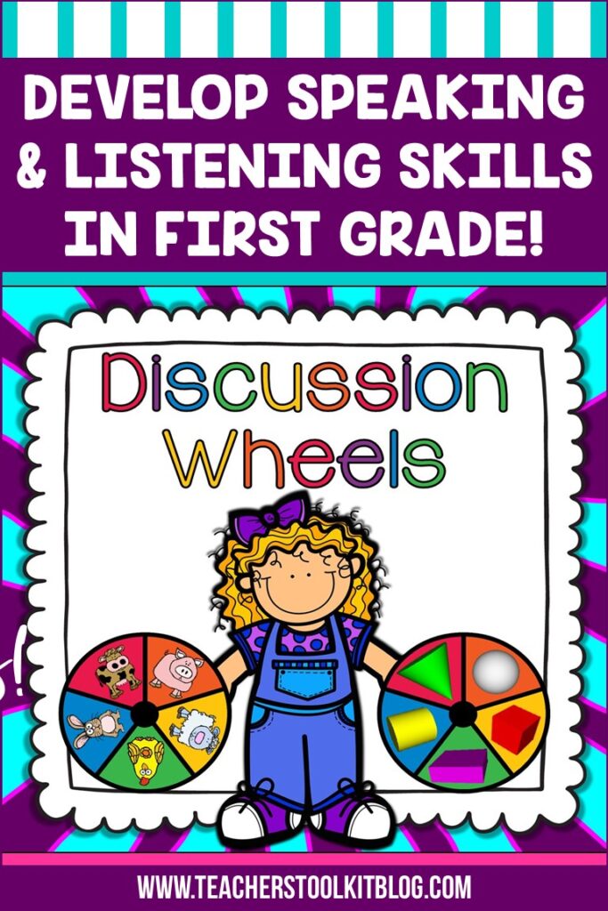 Picture of a student with two colorful spinning wheels covered in a variety of pictures for talking points with text "Develop Speaking and Listening Skills in First Grade"