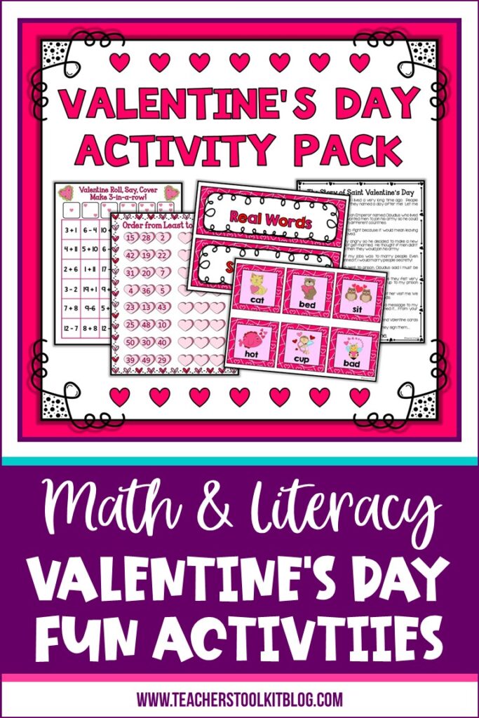 Image of math and literacy centers and games with text "Valentine's Day Activity Pack"
