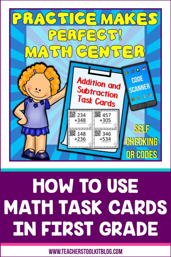 Image of Practice Makes Perfect Math Task Cards Center with self-checking QR codes and text "How to Use Math Task Cards in Your First Grade Classroom"