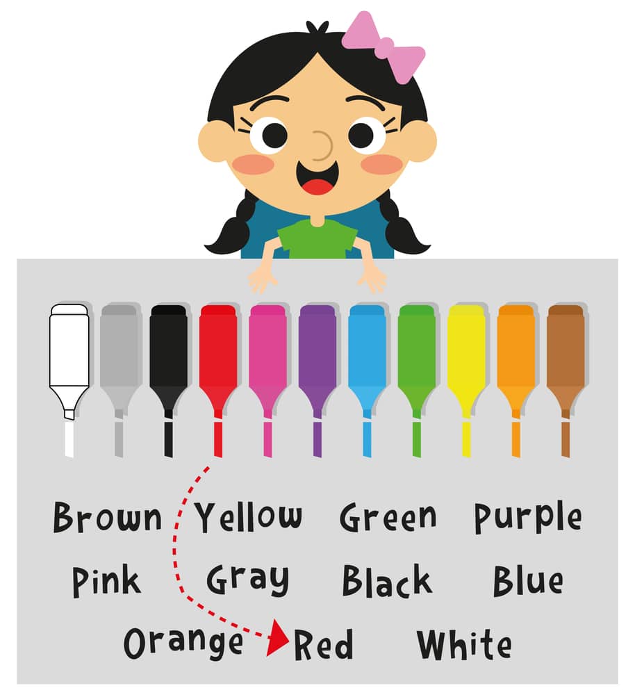 Image of cartoon girl with colors and color words.