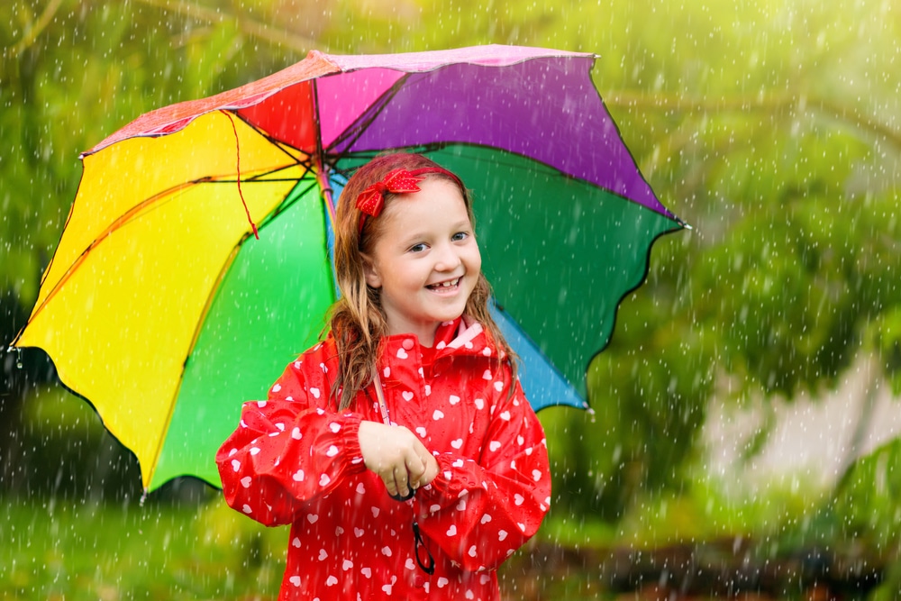 Image of young girl in rain with umbrella to teach weather.