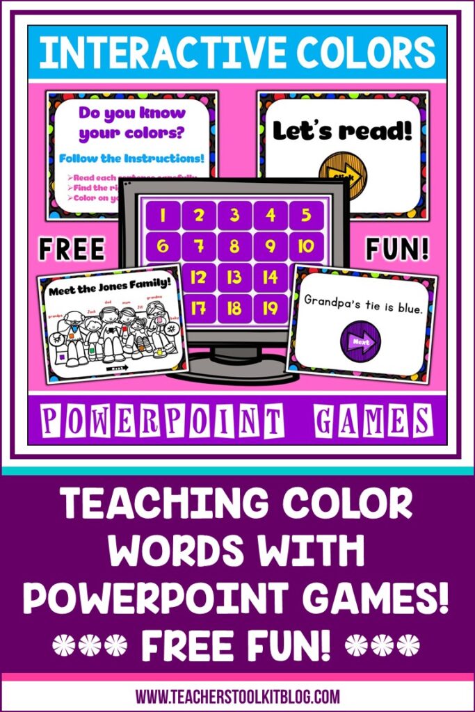 Images of various color words interactive games with text "Teaching Color Words With Interactive PowerPoint Games"