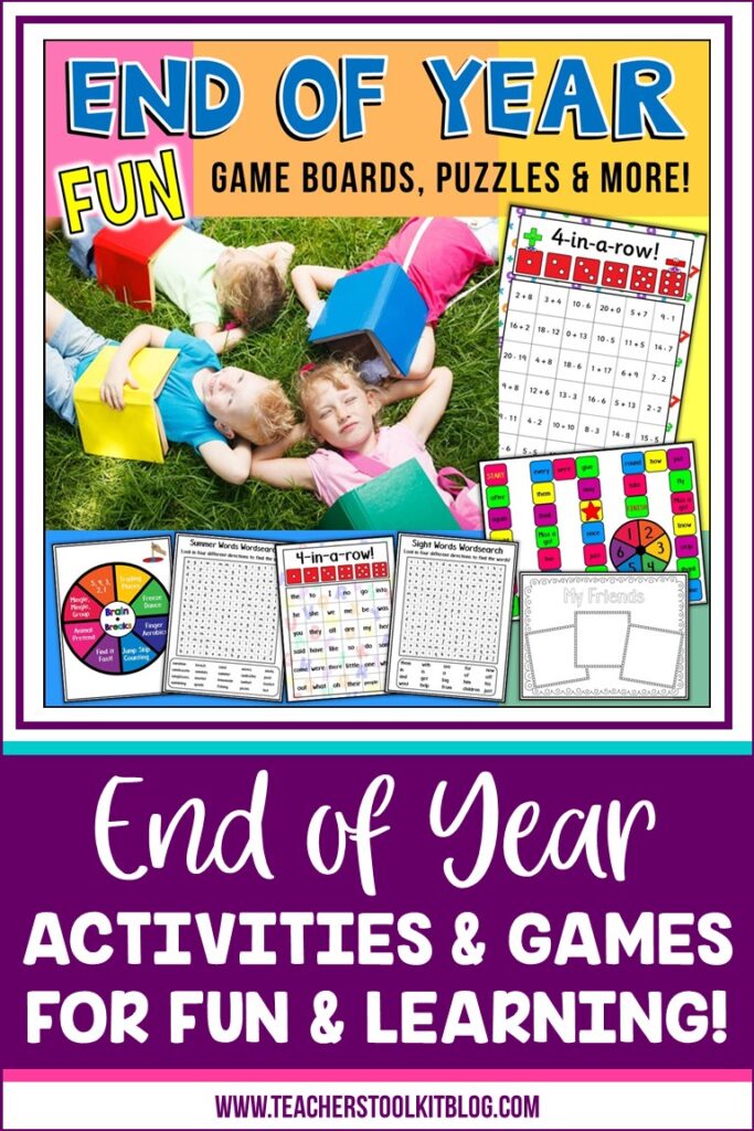 Images of fun board games, puzzles and a memory book, plus engaged and happy children with text "End of Year Fun: Game Boards, Puzzles and more!"