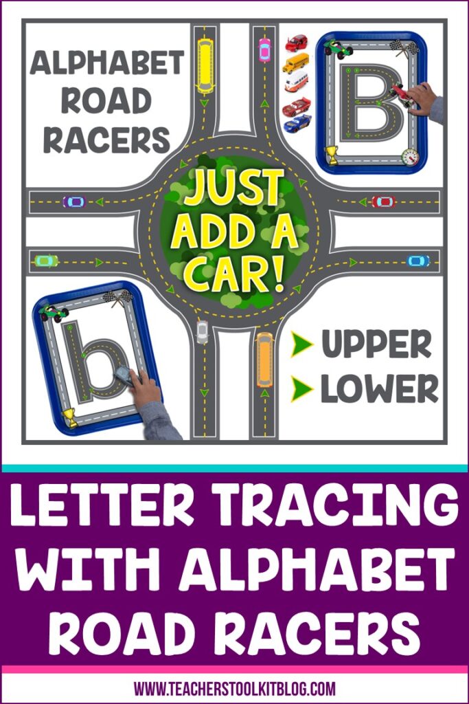 Image of alphabet letters in the shape of roads with child driving a car around the road to form the letter, with text "Alphabet Road Racers for Upper and Lower Case Letters"
