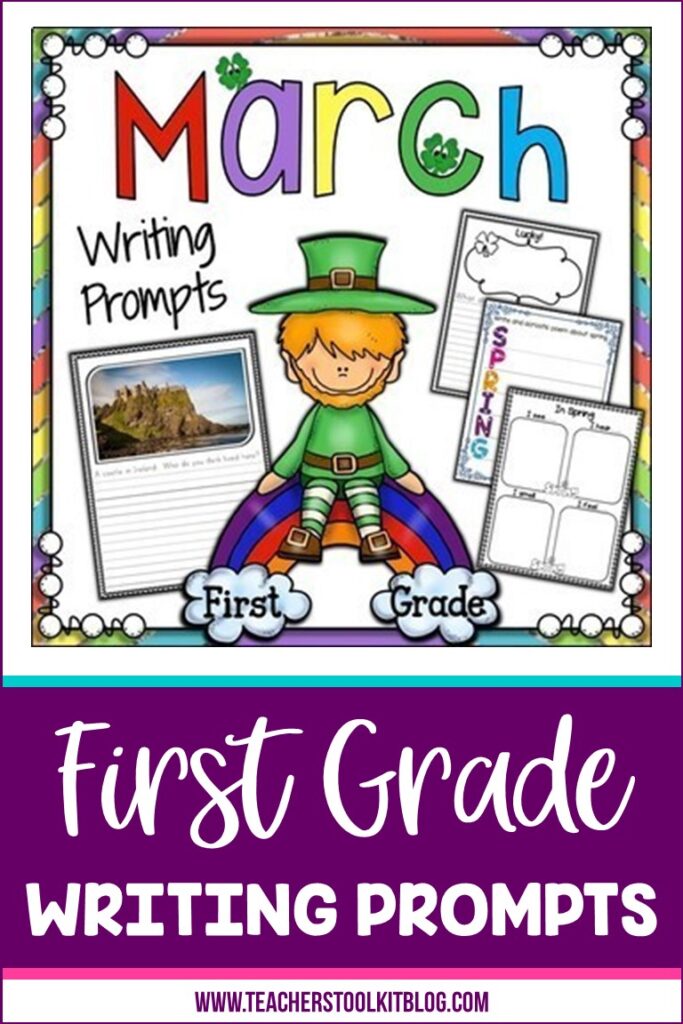 Image of a leprechaun with text " March Writing Prompts for First Grade"