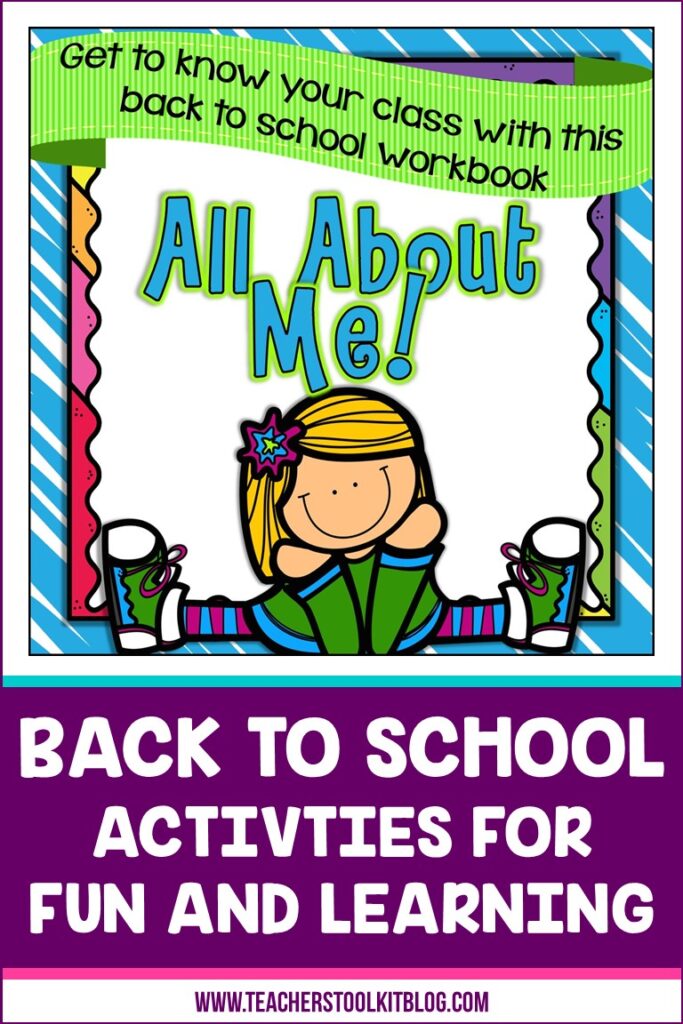 Image of a happy child with text "All About Me; Back to School Activities for Fun and Learning"