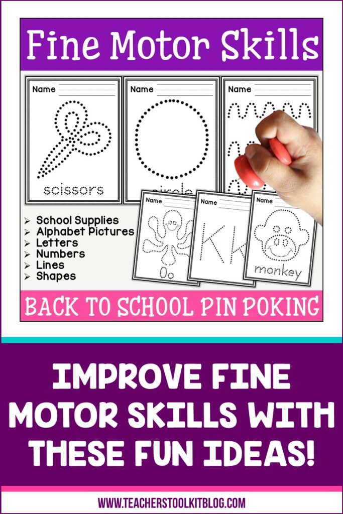 Image of child's hand poking holes in an image with text "Improve Fine Motor Skills with these Fun Ideas"